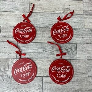 Coca-Cola Wood Round Sign Ornament 3” set of (4)